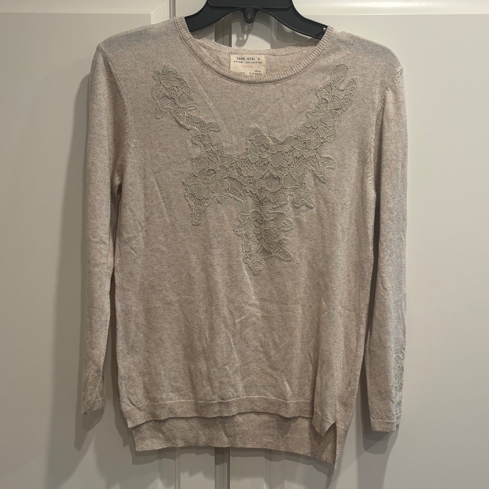 Zara Cream Crew Neck Top with Floral Embroidery